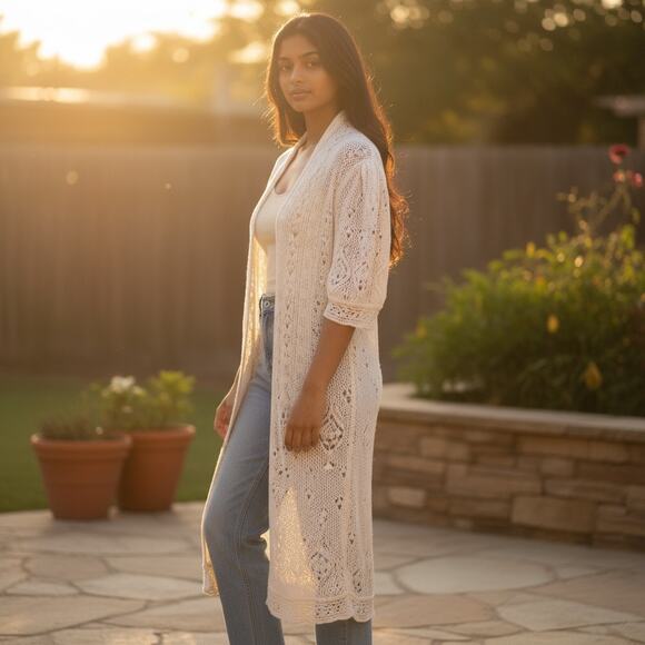 Lauren Ralph Lauren  Black Label Linen Crochet Cardi XL OldMoney CoastalGrandma - Picture 1 of 14